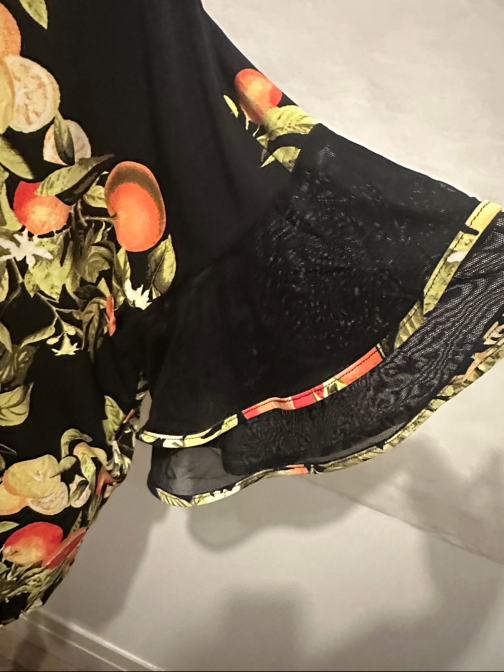 Joseph Ribkoff Black Citrus-Print Tunic Orange & Green Botanical Mesh Sleeves - Picture 3 of 8